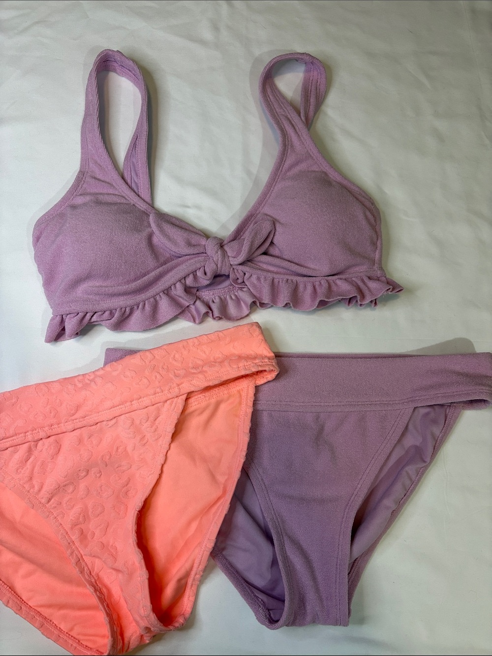 3 Piece Mix Match Bikini Set Terry Cloth Towel Texture Ruffle Cheetah Print Neon